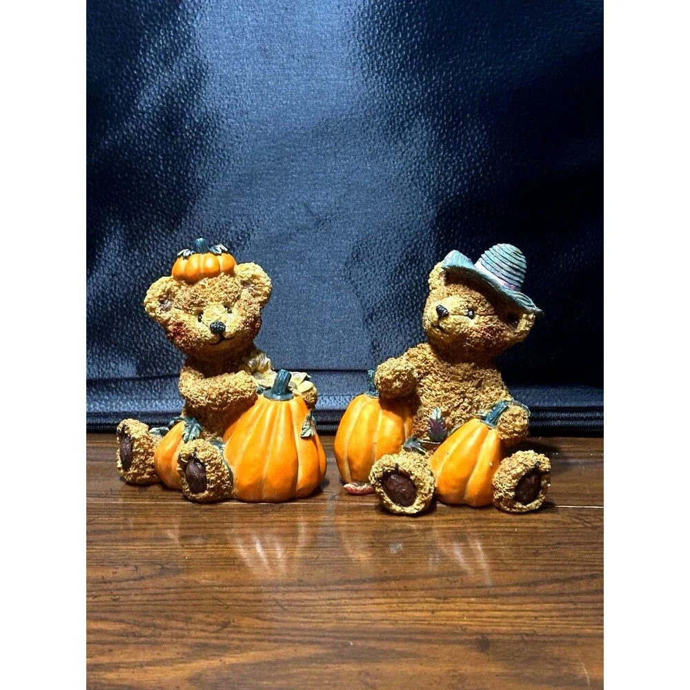 Vintage Large 6 Inch Homco Bear Figurine Set Autumn Thanksgiving Decor